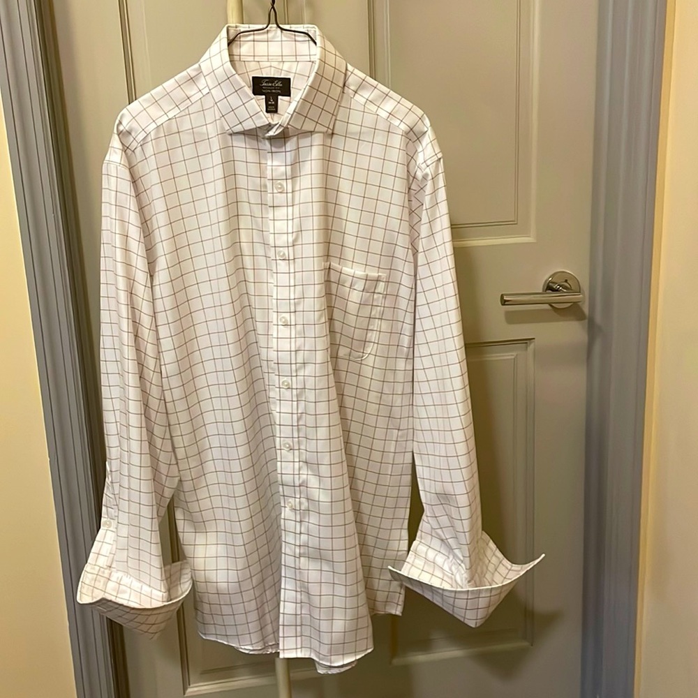 Tasso Ella soft white dress shirt with windowpane check in brown French cuff